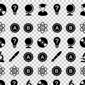 Seamless pattern of black education and science icons including atom, light.. Stock Illustration