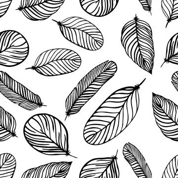 Seamless pattern of black feathers on white background Illustrazione stock