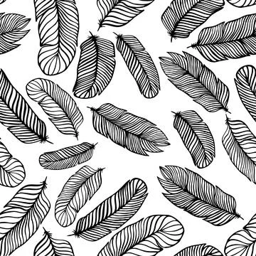 Seamless pattern of black feathers on white background Stock Illustration