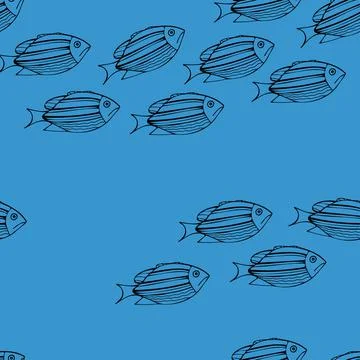 Seamless Pattern with Black Fish on Blue Background. Stock Illustration
