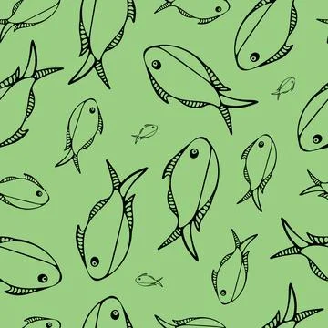 Seamless Pattern with Black Fish on Green Background. Stock Illustration