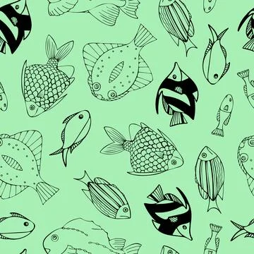 Seamless Pattern with Black Fish on Green Background. Illustrazione stock