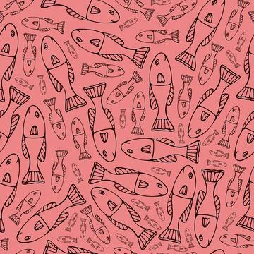 Seamless Pattern with Black Fish on Red Background. Stock Illustration