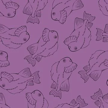 Seamless Pattern with Black Fish on Violet Background. Illustrazione stock