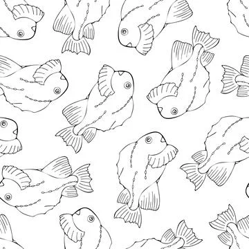 Seamless Pattern with Black Fish on White Background. Illustrazione stock