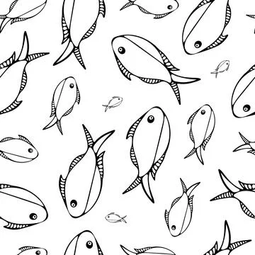 Seamless Pattern with Black Fish on White Background. Illustrazione stock