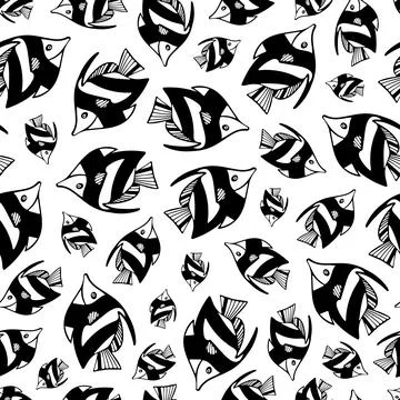 Seamless Pattern with Black Fish on White Background. Stock Illustration