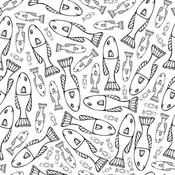 Seamless Pattern with Black Fish on White Background. Stock Illustration