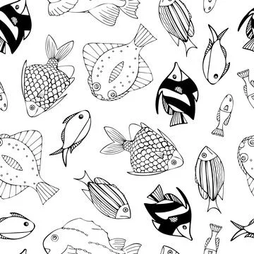 Seamless Pattern with Black Fish on White Background. Stock Illustration