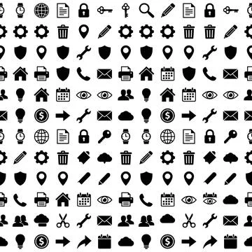 Seamless pattern of black flat icons on white background, representing vari.. Stock Illustration