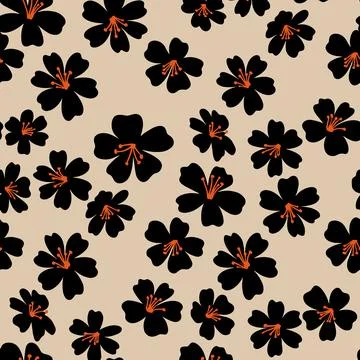 Seamless Pattern with Black Flowers on a Beige Background. Stock Illustration