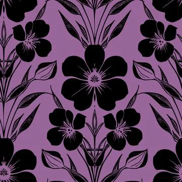 Seamless pattern of black flowers on a purple background, texture, background Illustrazione stock