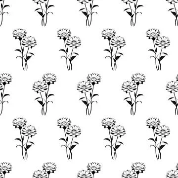 Seamless pattern of black flowers on a white background, texture, background Stock Illustration