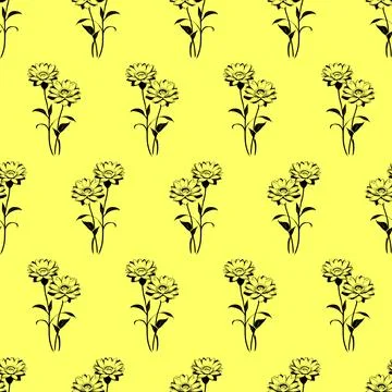 Seamless pattern of black flowers on a yellow background, texture, background Stock Illustration