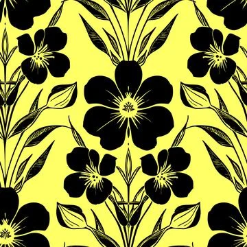 Seamless pattern of black flowers on a yellow background, texture, background Stock Illustration