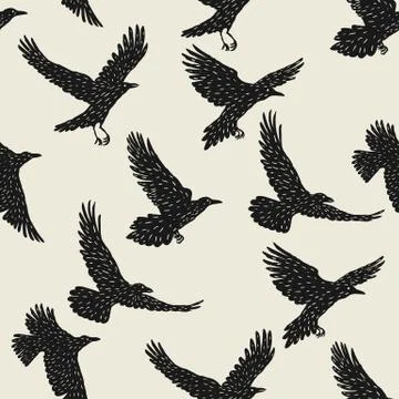 Seamless pattern with black flying ravens. Hand drawn inky birds Stock Illustration