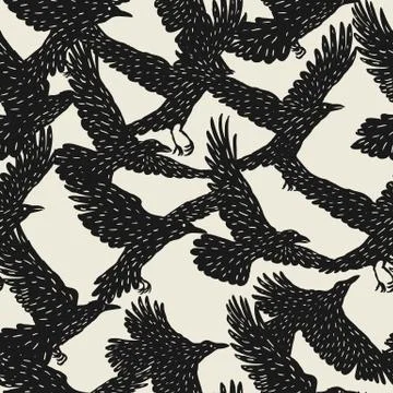Seamless pattern with black flying ravens. Hand drawn inky birds Stock Illustration