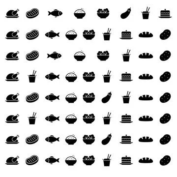 Seamless pattern of black food icons including roasted chicken, steak, fish.. Stock Illustration