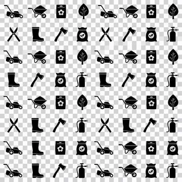 Seamless pattern of black garden tools and supplies icons on transparent ba.. Stock Illustration