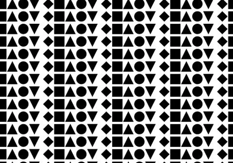 Seamless pattern of black geometric shapes of different shapes on white backg Stock Illustration