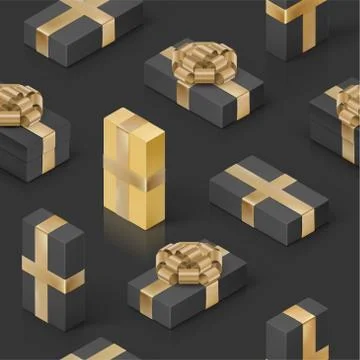 Seamless pattern with black gift boxes and golden ribbon on dark background Stock Illustration