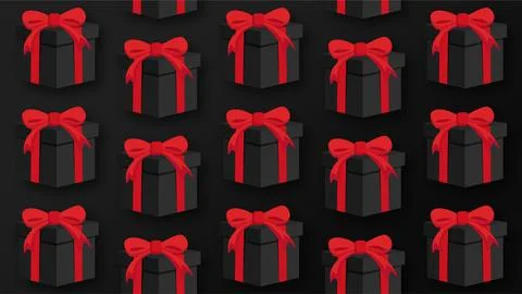 Seamless Pattern of Black Gift Boxes with Red Ribbons for Black Friday and .. イラスト素材
