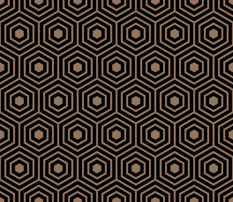 Seamless pattern with black golden hexagons and striped lines. Optical illusion Stock Illustration