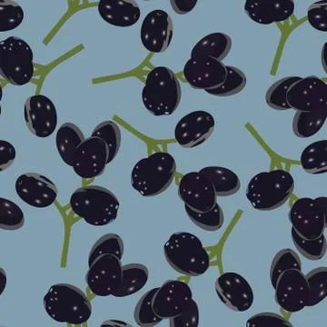 Seamless pattern with black grapes on blue background. Stock Illustration