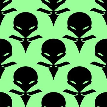 Seamless pattern black graphic aliens on green background, texture, design Stock Illustration