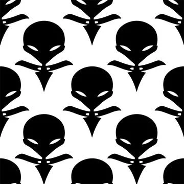 Seamless pattern black graphic aliens on white background, texture, design Stock Illustration