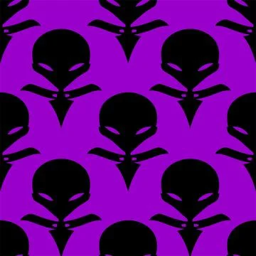 Seamless pattern black graphic aliens on purple background, texture, design Stock Illustration