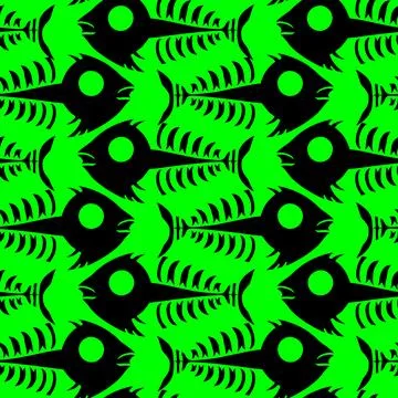 Seamless pattern of black graphic fish skeletons on a green background, tex.. 스톡 일러스트