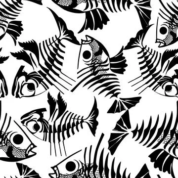 Seamless pattern of black graphic fish skeletons on a white background, tex.. Illustrazione stock