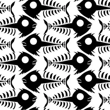 Seamless pattern of black graphic fish skeletons on a white background, tex.. Illustrazione stock