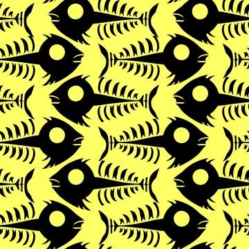 Seamless pattern of black graphic fish skeletons on a yellow background, te.. Illustrazione stock