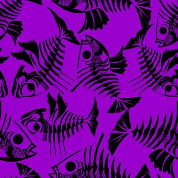 Seamless pattern of black graphic fish skeletons on a purple background, te.. Illustrazione stock