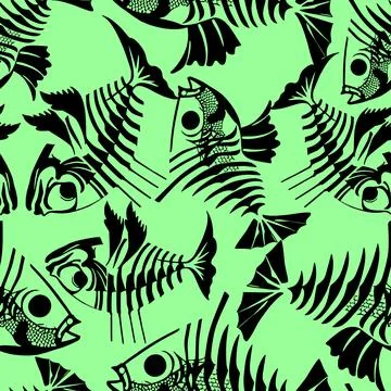 Seamless pattern of black graphic fish skeletons on a green background, tex.. Stock Illustration