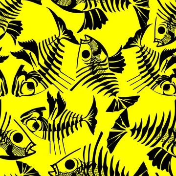 Seamless pattern of black graphic fish skeletons on a yellow background, te.. Illustrazione stock