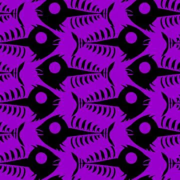 Seamless pattern of black graphic fish skeletons on a purple background, te.. Stock Photos