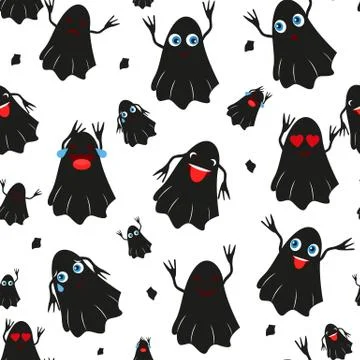 Seamless pattern with black halloween pumpkins carved faces silhouettes on wh Illustrazione stock