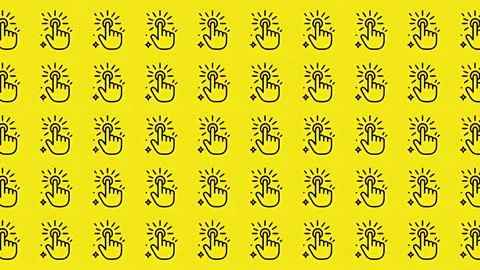 Seamless pattern of black hand click cursor icons on a vibrant yellow backg.. Illustrazione stock