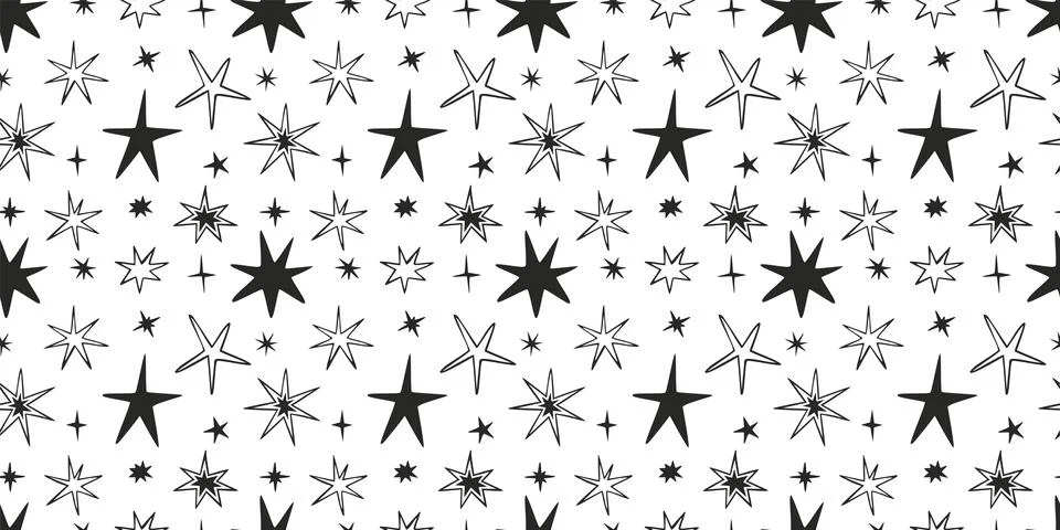 Seamless pattern with black hand-drawn stars on white background. Trendy de.. Illustrazione stock