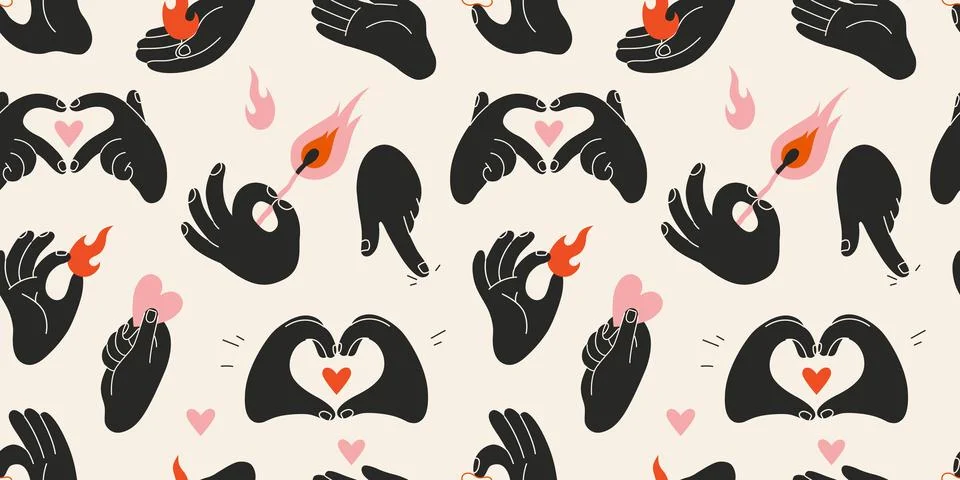 Seamless pattern with black Hands gestures, flames, match and heart. Love, .. Stock Illustration