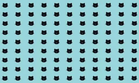 Seamless Pattern of Black Heads of Cats on Blue Background. Stock Illustration