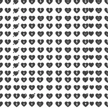 Seamless pattern of black heart icons with dollar signs, broken hearts, lig.. Stock Illustration