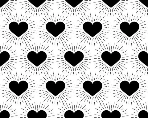 Seamless pattern. Black Heart with rays on a white background. Vector Stock Illustration