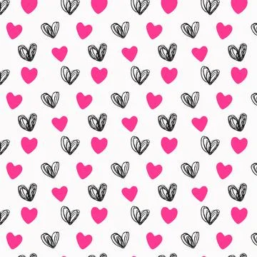 Seamless pattern of black hearts in doodle style and pink flat hearts Stock Illustration