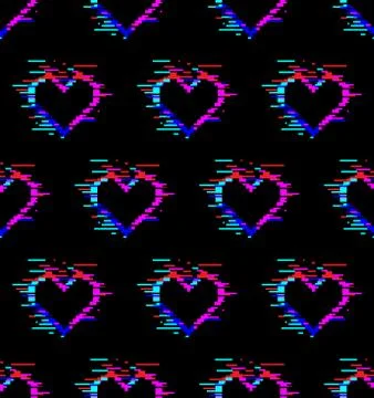 Seamless pattern of black hearts with glitch effect Stock Illustration