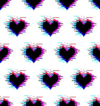 Seamless pattern of black hearts with glitch effect Stock Illustration