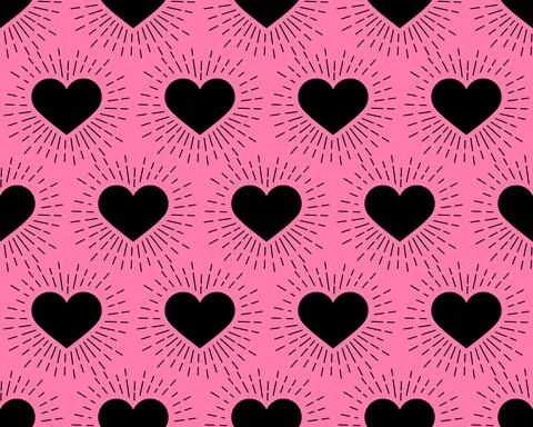 Seamless pattern. Black Hearts with rays on a pink background. Vector Stock Illustration